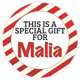 This is a Gift for Malia - 25 Pack Circle Stickers 3 Inch - Candy Cane Merry Christmas Gift Tag Present Tree Holiday Custom Name Santa Claus