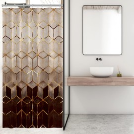 BIYSUC Ombre Brown Marble Shower Curtain Abstract Geometric Grid Cubic Gold Lines Modern Creative Art Pattern Bronze Bathroom Home Decor Waterproof Polyester Fabric 36Wx72L Inch with Plastic Hooks