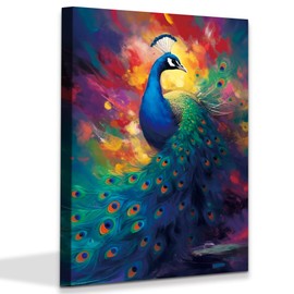 QPOKLAF Framed Peacock Canvas Wall Art Blue Peacock Pictures Decor Animal Painting Watercolor Bathroom Wall Decor Painting Modern Framed Prints Artwork for Home Bathroom Bedroom Living Room 16"x12"