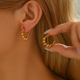 Gweqou Huggie Hoop Earring for Women 18K Gold Plated Bead Ball Dangle Drop Filled Boho Beach Minimalist Delicate Hypoallergenic Studs Jewelry Present