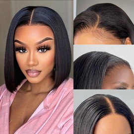 Prudenp 5x5 Skinlike Transparenrt Lace Closure Bob Wigs Human Hair Natural Black Straight Invisible Transparenrt Lace Front Wigs Human Hair for Black Women Pre Plucked 180% Density