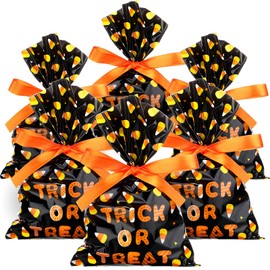 100 Pieces Money Treat Bags Sign Party Favor Candy Cellophane Bag Loot Bags for Party Sign Sacks with 22 Yards Ribbon for Toy Party Favor Theme Supplies, 6 x 9 Inch(Corn Style)