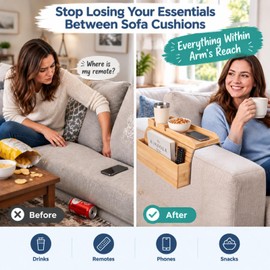 Bamboo Sofa Armrest Tray with Storage Pocket