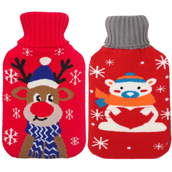 Pack of 2 Hot Water Bottle with Cover, 1 Litre Hot Water Bottle Cover, Knitted Cover, Removable and Washable Heat Bag with Knitted Cover for Adults and Children (Red)