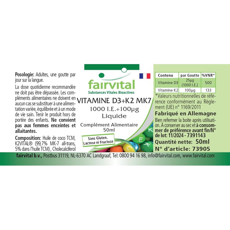 Fairvital Vitamin D3+K2 Drops - 50 ml - All-Trans MK7