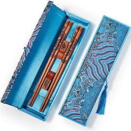MUMSUNG Chopstick Reusable, Wooden Dragon Chopsticks with Holder and Carrying Bags, Chinese Traditional Chop Sticks Set 9 1/4 Inches Blue