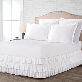 Luxury Multi Ruffle Bed Skirt - 100% Cotton 800 TC Elastic Dust Ruffles with Wrap Around Tailored Drop, Twin, White