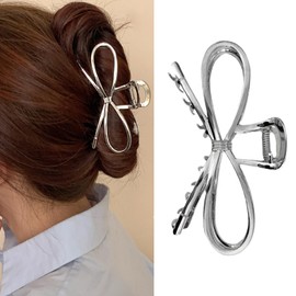 Metal Bow Hair Claw Clips Large Bowknot Hair Clips for Thin Thick Hair Accessories for Women Girls Silver Strong Hold Nonslip