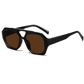 Breaksun Retro Aviator Sunglasses for Women Men Trendy 70s Hexagonal Square Double Bridge Vintage Sun Glasses (Black/Brown)