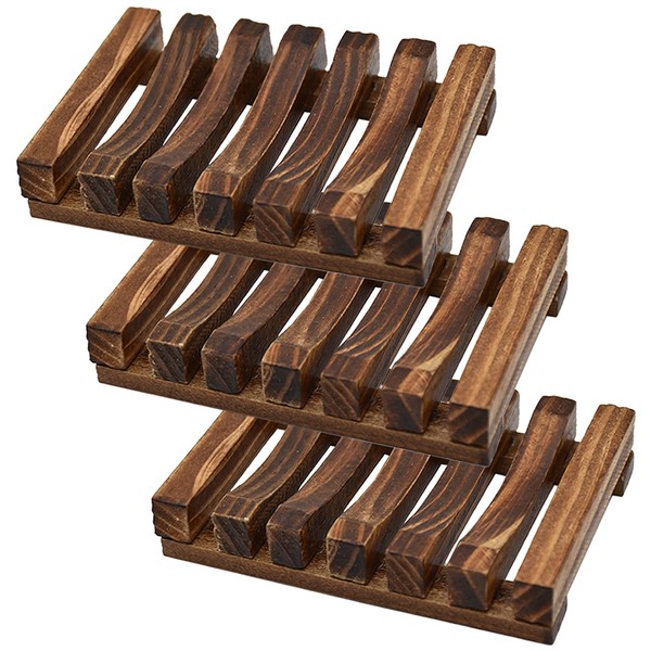 Self Draining Soap Dish Holder/ Tray, 3 Pcs Natural Wooden