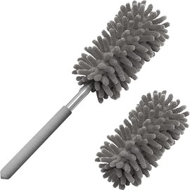 Microfiber Duster for Cleaning,  Hand Washable Dusters with 2Pcs Replaceable Microfiber Head, Extendable Pole, Detachable Cleaning Brush Tool for Office, Car, Window, Furniture, Ceiling Fan - Color: Gray