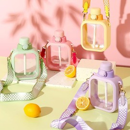 NUFR 24 Oz Square Transparent Water Bottle, Cute Portable Travel Canteen with Adjustable Strap 700ml (Green)