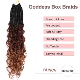 Goddess Box Braids Crochet Hair - 14 inch Crochet Box Braids Pre Looped 8 packs Boho Box Braids Crochet Hair Curly Ends,Bohomian Box Braid Crochet Hair for Black Women 1b/33/30