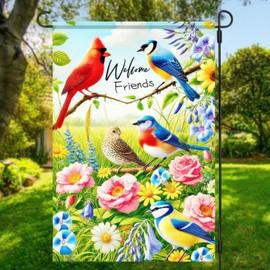 BlissYard Welcome Friends Summer Spring Garden Flag Spring Cardinal Birds Flowers Butterfly Yard Flag Flowers Daisy Hummingbirds Decorative Garden Flag Banner for Outdoor Home Decor Party