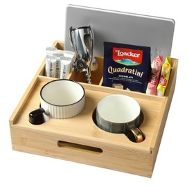 ROCDEER Couch Caddy,Bamboo Couch Cup Holder Tray with 6 Compartments, Sofa and Bed Organizer for Drinks, Snacks, and Remotes