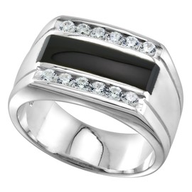 Sterling Silver Mens Rectangular Black Onyx Ring 2 Grooves CZ Accent 1/2 inch wide size 9
