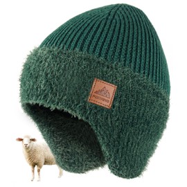 FORVEVO Mens Beanie Hat with Earflaps, Winter Hats with Thick Warm Fleece Lining, Thermal Knit Wooly Beanie Hats for Winter Daily Life Outdoor Running Skiing, Green