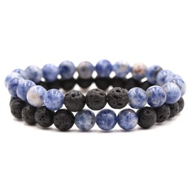 2Pcs Matte Lava Rock Volcanic Stone Beads Stretch Bracelet 8mm Volcanic Rock Aromatherapy Essential oil Diffuser Bracelet Tiger Eye Seed Energy Yoga Bracelet Healing Aromatherapy Jewelry-blue