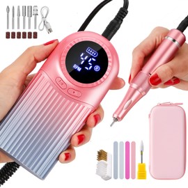 GSWOI 45000RPM Professional Portable Nail Drill Electric Fil,4000mAh,Rechargeable Nail E File Machine with Bag & Bits &Clean Brush for Acrylic Nails Remove Nail Gel Polish Manicure,Cordless(Pink Blue)