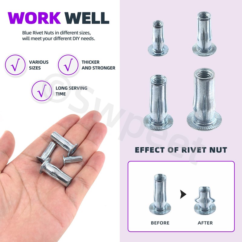 Swpeet 20Pcs M6 Metric Carbon Steel White Zinc-Plated Multi-Grip Rivet