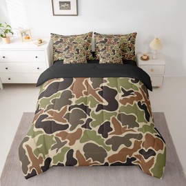 Feelyou Duck Hunter Green Camouflage Hunting 7 Pieces Bedding Set, Twin Size Black Brown All Season,Bed in a Bag with Comforter, Sheets, Pillowcases Camo Army Bed Set Breathable Wild Room Decor