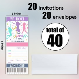 Let's Jump & Play Birthday Invitations, 20 Pcs Fill In Trampolines And Bounce Houses Theme VIP Tickets Invites With Envelopes For Boys Girls Teens Birthday, Party Favors And Supplies( 3 X 8 In) - A01