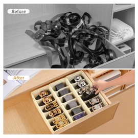 Coorganisers 3 Pack Fabric Belt & Tie Organizer, 6 Grids for Closet & Drawer, Foldable Drawer Organizer - Beige