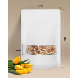 Larzack 100pcs Kraft Bags with Window 7.1x10 Inches White Reusable Sealable Ziplock Food Storage Stand up Paper Pouches for Home or Business
