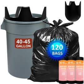 40-45 Gallon Heavy Duty Trash Bags 120 Count 1.2 Mil with 4 Innovative Flap Ties | Compatible with Rubbermaid Brute & Winco & Behrens 40-45 Gallon Round Trash Can | Tear & Leak Resistant Black