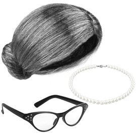 Cooraby 3 Piece 100 Days of School Grey Wig Grandma Wig Glasses Artificial Pearl Necklace Fancy Granny Costume Set