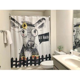 Rucci & Leon Get Naked Funny Cow Shower Curtain Farmhouse Animal Black White Yellow for Bathroom Décor - 72 x72 Inches Waterproof Polyester Fabric
