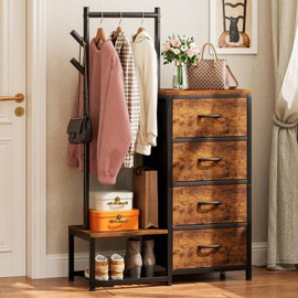 KKL Small Dresser for Bedroom with Clothes Hanging Rack, Reversible Bedroom Dresser with Shoe Rack & 4 Fabric Drawers, 3-in-1 Storage Chest of Drawers with Storage Shelves & Tree Hooks, Vintage