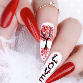 Rchovsam Valentine's Long Almond Press on Nails Valentine's Party Nails Press Ons Red Love Tree Designs False Nails Full Cover Artificial Acrylic Fake Nails News Years Gift for Women 24pcs