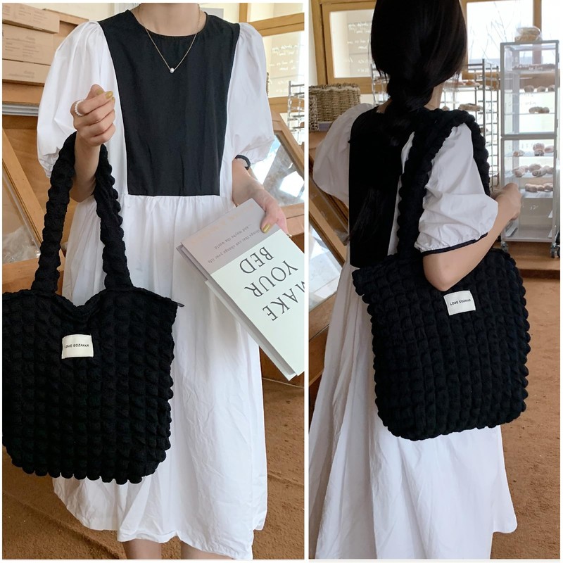 YIBONIKA Tote Bag, Quilted Bag, Popcorn Bag, Women's, Vertical, Fluffy,