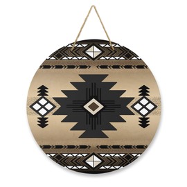Welcome Sign for Front Door Decor, Southwestern United States Native Totem Geometric Indian Patterns Wood Door Hanger for Outdoor Outside Porch,10 Inch Round Wooden Wreath Indoor Wall Hanging