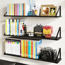 BAMEOS Floating Shelves for Wall, Rustic Wood Wall Shelves Set of 3, Wall Bookshelf for Living Room、Bedroom and Kitchen, Black Book Shelves for Wall Decor, Large Wall Shelves for Storage