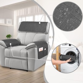 Niuoppy 3pcs Armrest Cover, Headrest Cover for Recliner Sofa, Waterproof Recliner Chair Cover with Side Pocket, Nonslip Armrest Slipcover Furniture Protector for Pets (Grey)