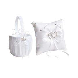 Ring Bearer Pillow and Flower Girl Basket Set - Double Heart Rhinestone White Satin Wedding Basket and Ring Pillow Set for Ceremony Party Supplies