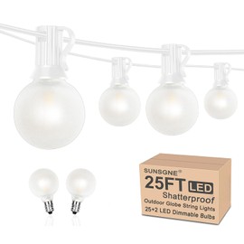 SUNSGNE 25Ft G40 LED Frosted White String Lights with 27 White Frosted Shatterproof Globe Bulbs (2 Spare), Outdoor Indoor Lights for Room Café Bistro Pergola Tents, 25 Pack, White Wire