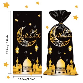 50 Pack Eid Mubarak Treat Bags, Eid Cellophane Goodie Bags Ramadan Kareem Bags Eid Moon Cookie Candy Bags Gift Bags with Twist Ties for Eid Mubarak Party Supplies 4.9'' X 10.8''