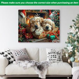 Looife - Christmas Puppies Wall Art – Adorable Golden Retrievers in Gift Box by Fireplace – Festive Canvas Print with Wooden Frame for Holiday Decor, 32x24inch