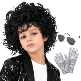 Kids 80s Pop Star Black Jerry Curl Wig & Sunglasses, Gloves for Costume