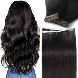 Caliee Black Tape in Hair Extensions Human Hair 20 Inch Reusable Wide Tape in Hair Extensions Natural Black Remy Hair for Women 50G One Piece DIY