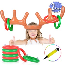 2 Set Inflatable Reindeer Ring Toss Game With Antlers and 12 Rings, Family Christmas Party Games