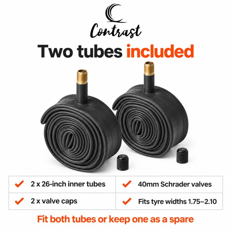 Contrast 26 Inch Bike Inner Tubes, Pair, 1.75-2.10, 40mm Schrader