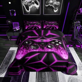 Game Bedding Sets for Boys Twin Kids Game Room Decor Comforter Set for Game Lovers,Flame Game Consoles Bedding Comforter Sets Purple Video Game Down Comforter 3D Geometric Gaming Duvet Set