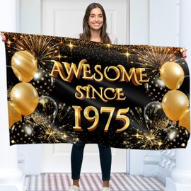 Happy Birthday 50th Banner - Birthday Decorations - Awesome Since 1975 Birthday Backdrop - Bday Banner Background 5ft x 3ft / 150x90 cm with 4 brass holes (Black & Gold)