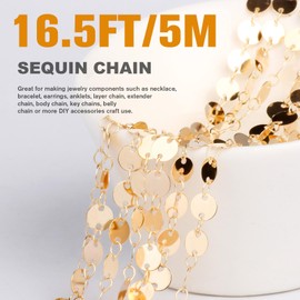 16.5FT Gold Sequin Chain Roll, 6mm 18K Gold Plated Brass Sparky Link Chains Spool Bulk for Jewelry Making Necklace Bracelet