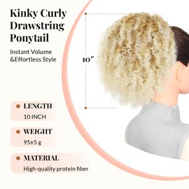 Leeons Afro Kinky Curly Drawstring Ponytail for Black Women, 10 Inch Short Ponytail Extension with 4 Secure Combs, Platinum Blonde Highlights for Party Styles (T27/613#)​