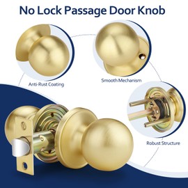 10 Pack Interior Door Knob No Lock, Gold Door Knobs for Closet/Hallway, Passage Door Knobs Without Key, Round Door Handle for Left/Right Sided Doors